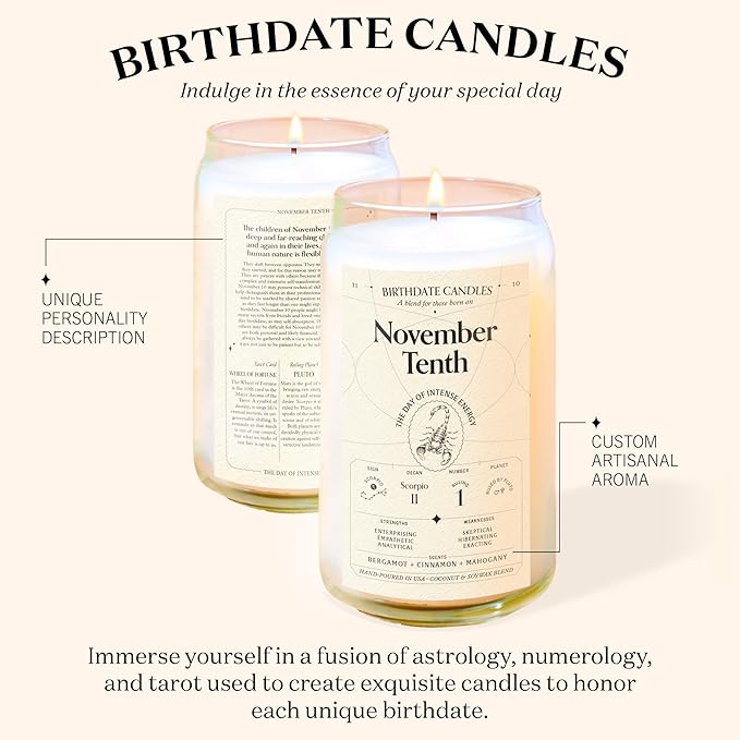 Birthdate Candles, November 10 - Scorpio Zodiac Scented Candles Birthday Gift - Bergamot, Cinnamon & Mahogany Scent - All-Natural Soy & Coconut Wax, 60-80 Hour Burn Time - Made in USA