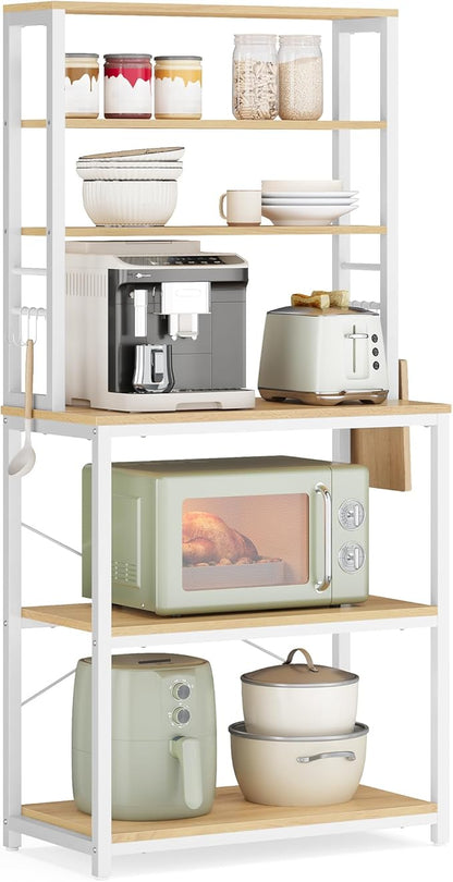 VASAGLE Coffee Bar, 23.6 Inches Baker's Rack for Kitchen with Storage, 6-Tier Kitchen Shelves with 6 Hooks, Microwave Stand, Modern, Golden Oak and Cloud White UKKS024W09