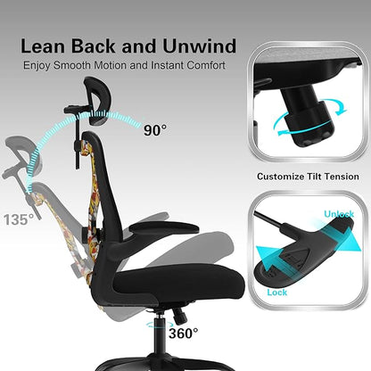 Office Chair for Back & Neck Pain Relief, Virgin Foam Seat, 2D Adjustable Lumbar & 3D Headrest, Flip-Up Armrests, Tilt & Rock for Relaxation, Black/UF