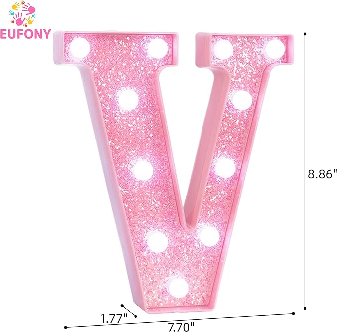 Pink LED Marquee Light Up Letters, Glitter Alphabet Letter Lights for Birthday Party Decorations, Battery Operated Letter Signs for Girls Room Table Decor, Pink letter V with Cool White Lights