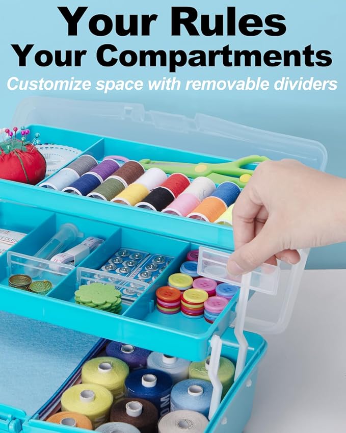 12in 3-Layer Plastic Craft Organizers and Storage, Portable Folding Tackle Box with Handle & Adjustable Dividers, Multipurpose Case for Sewing, Art Supplies, Medicine, Tools (Blue)