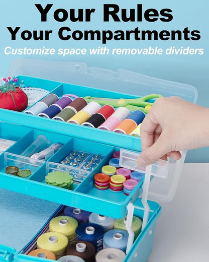 12in 3-Layer Plastic Craft Organizers and Storage, Portable Folding Tackle Box with Handle & Adjustable Dividers, Multipurpose Case for Sewing, Art Supplies, Medicine, Tools (Blue)