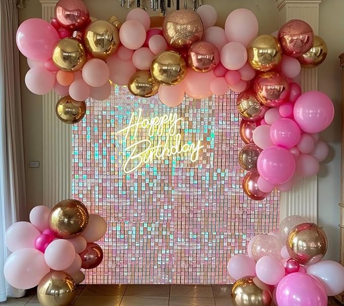 Shimmer Wall Backdrop Pink Iridescent Square Sequin Wall Panel Backdrop Decor for Wedding, Anniversary, Birthday, Party, 36 Panels