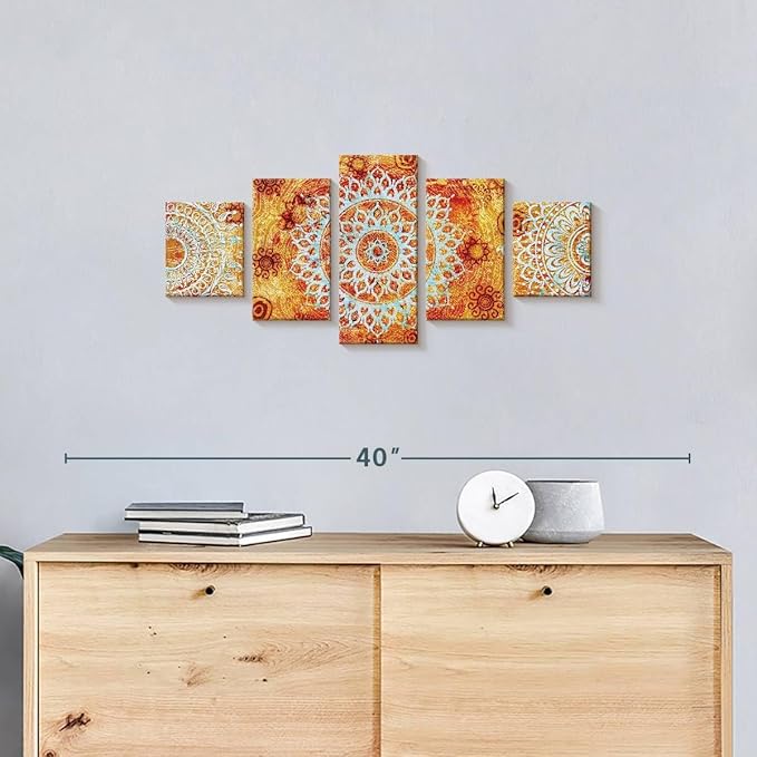 ElephantStock - Sun Like Mandala Symbols Wall Art - Horizontal Multi Panel Canvas - 5 Piece Living Room Wall Decor - Digital Art Elements Multi Piece Wall Art - Orange And Blue Decor - 29" x 12"