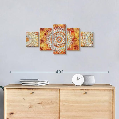 ElephantStock - Sun Like Mandala Symbols Wall Art - Horizontal Multi Panel Canvas - 5 Piece Living Room Wall Decor - Digital Art Elements Multi Piece Wall Art - Orange And Blue Decor - 29" x 12"