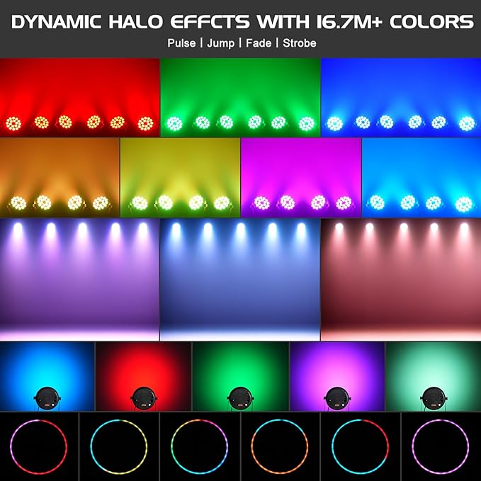 RGBW Par Light with Halo Ring Stage Light, Sound Active Uplight for Party & DJ DMX512 & Remote Control for Wedding and Strobe Light