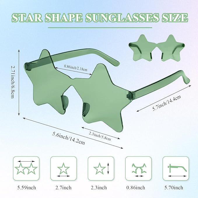 NACHLYNN 12 Pcs Rimless Star Shaped Sunglasses Green Transparent Sunglasses Pentagram Glasses for St. Patrick Day Christmas