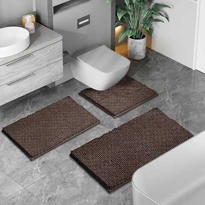 Bath Rug Set 3 Piece Luxury Chenille Extra Soft and Absorbent Shaggy Bathroom Mat Rugs, Machine Washable, Non-Slip Plush Carpet Runner for Tub, Shower, (Brown) Home Decor Bathroom Accessories