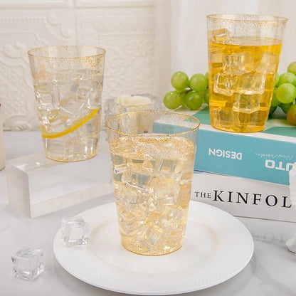 I00000 200 Pack 12 oz Gold Glitter Plastic Cups, Clear Disposable Cups, Disposable Plastic Wine Glasses Cocktail Glasses Premium Cups, 12 Ounce Glitter Tumblers for Party & Wedding