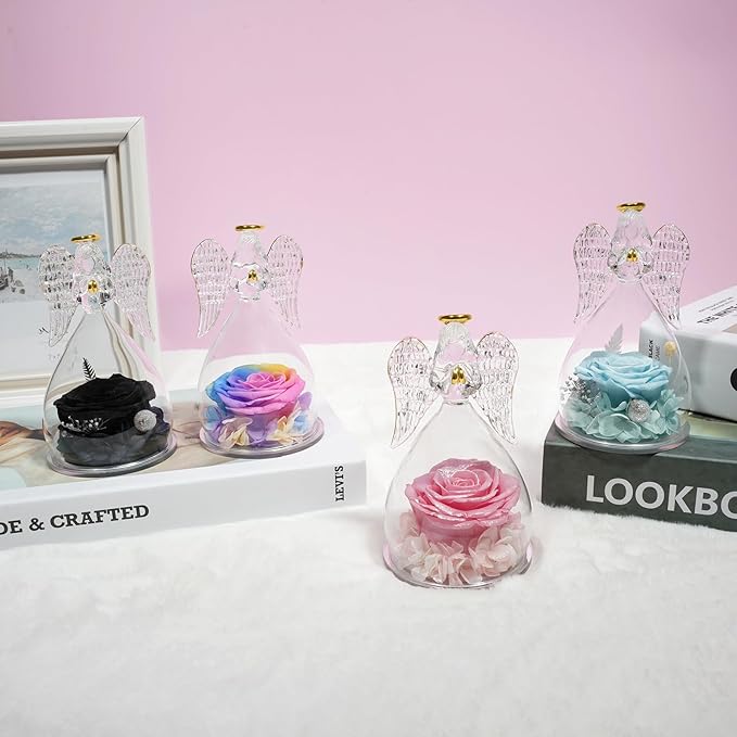 Miofula Preserved Flower Rose Birthday Gifts for Mom, Angels Figurines with Forever Real Rose Gifts for Women Mom Grandma, Angels Gifts for Valentine's Day Anniversary (Black)