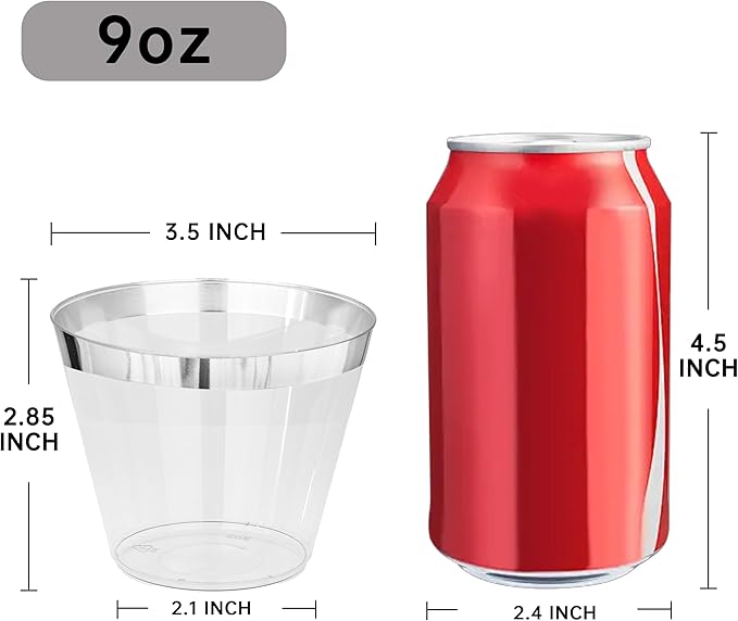 I00000 100PCS Silver Plastic Cups,9 oz Clear Plastic Cups with Silver Trim, Heavy-Duty Disposable Hard Cup For Party, Premium Cup Perfect for Wedding & Party