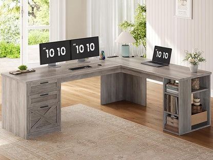 SEDETA Farmhouse 67" L Shaped Desk with 3 Drawers, Executive Desk, Home Office Desks with Storage Shelves, Corner Computer Desk with Power Outlets for Home Office, Grey
