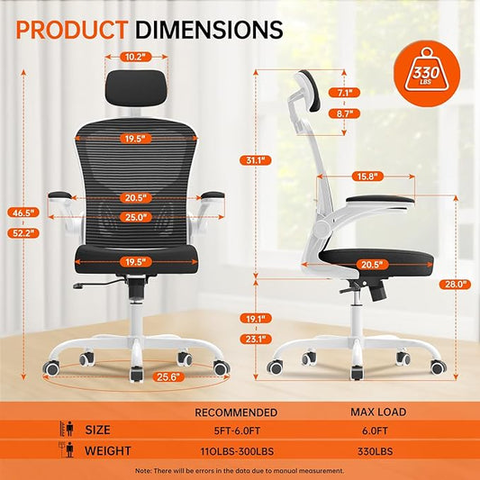 Synorla Office Chair Ergonomic Desk Chair, 330LBS Capacity, High Back Computer Design for Long Hours Comfort, Rolling Swivel Executive Task for Home Office with Flip-up Armrests (White Black)