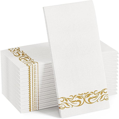 FOCUSLINE 100 Linen Feel Bathroom Napkins, Soft and Absorbent Disposable Guest Towels, Cloth-Like Paper Hand Towels Decorative Napkins for Dinners, Parties, Weddings or Events, Gold, 12" x 17"