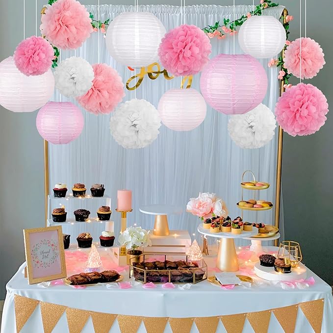 KAXIXI Hanging Party pom pom Set, 15pcs Pink White Paper Flowers Pom Poms Balls and Paper Lanterns for Wedding Birthday Bridal Baby Shower Graduation, LanternPomPom012