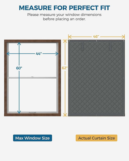 Window Insulation for Winter, Curtain Size 46 x 62 Inch, Thermal Insulated Window Cover Kit, Oxford Cloth Thick Cotton Filled, Fits up to 44'' × 60'' Windows, Grey