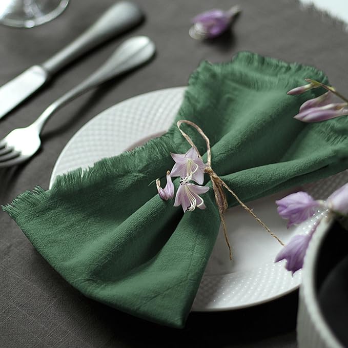 Handmade Cloth Napkins 100% Cotton Napkins with Fringe，Delicate Handmade Cloth Napkins for Dinners, Parties, Weddings and More，18 x 18 Inch Set of 6 - Green