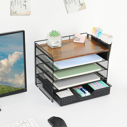 Desk Organizers and Accessories, 5-Tier Paper Letter Tray Organizer with Drawer & 2 Pen Holders, Desktop Organizer for Office Supplies (Wood)