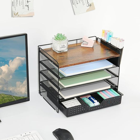 Desk Organizers and Accessories, 5-Tier Paper Letter Tray Organizer with Drawer & 2 Pen Holders, Desktop Organizer for Office Supplies (Wood)