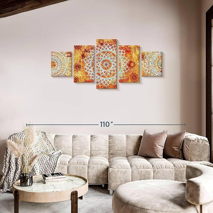 ElephantStock - Sun Like Mandala Symbols Wall Art - Horizontal Multi Panel Canvas - 5 Piece Living Room Wall Decor - Digital Art Elements Multi Piece Wall Art - Orange And Blue Decor - 74" x 34"