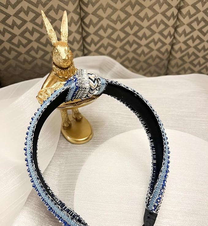 Women's Boho Knotted Sequin Pearls Headbands for Women Non Slip, Girls Top Knot Sparkly Wide Hair Accessories Christmas Gift (Boho Blue Knot)