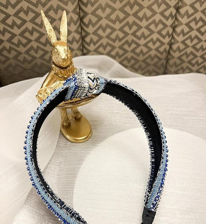 Women's Boho Knotted Sequin Pearls Headbands for Women Non Slip, Girls Top Knot Sparkly Wide Hair Accessories Christmas Gift (Boho Blue Knot)