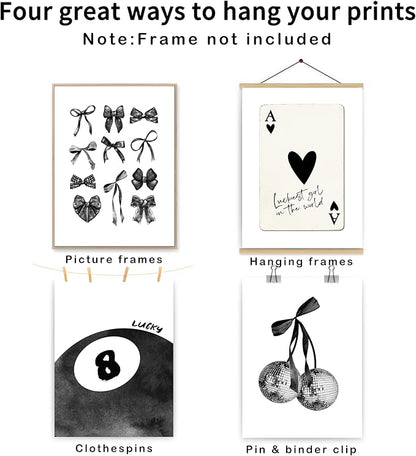 okaxscm Black Coquette Trendy Preppy Wall Art Prints Set of 4, Coquette Room Decor, Preppy Room Decor Aesthetic, Black Bow Disco 8 Ball Cherry Wall Decor Posters for Girls Bedroom Dorm, 12x16 Unframed
