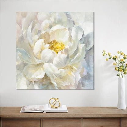SEVEN WALL ARTS Peony Flower Canvas Wall Art Modern Yellowish Floral Picture Poster Print Abstract White Blossom Artwork for Bedroom Bathroom Kitchen Dining Room Home Decor 24"x24"