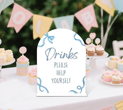 Drinks Please Help Yourself Sign - Blue Bow Baby Shower Sign, 1 Pack Arch Acrylic Sign with Stand, Gender Reveal Party Table Decor, Blue Baby Shower Supplies (SP10)