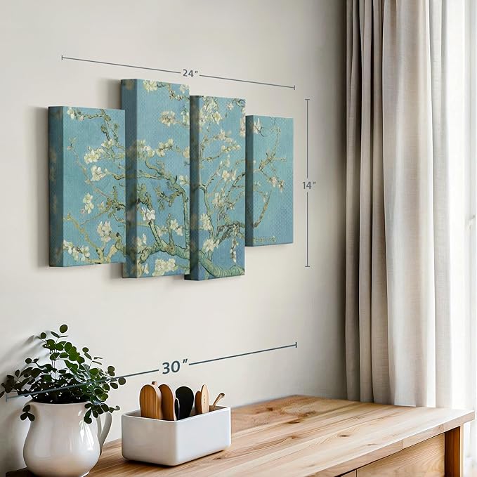 ElephantStock Almond Blossoms Wall Art - Horizontal Canvas - 4-Piece Living Room Wall Decor - Flower Painting Canvas Print - Blue and Green Decor for Wall by Vincent Van Gogh - 24" X 14"