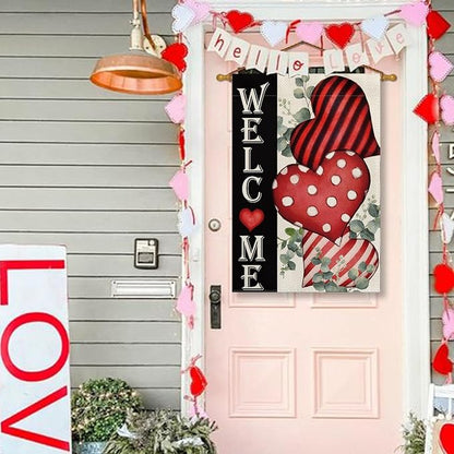 AVOIN colorlife Valentines Day Welcome House Flag 28x40 Inch Outside Double Sided, Anniversary Love Heart Rustic Yard Outdoor Decoration