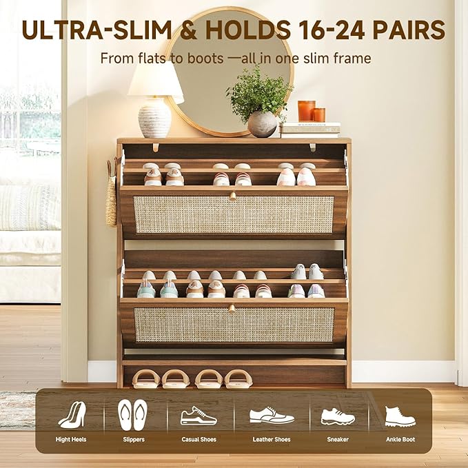 Nicetree Shoe Cabinet Storage for Entryway, 2-Flip Drawer Narrow Shoe Rack, Organic Modern Rattan Shoe Organizer with Gold Legs, Shoe Organizer Fits Men's Size 13.5, Toasted Caramel Walnut