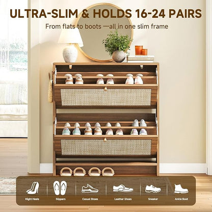 Nicetree Shoe Cabinet Storage for Entryway, 2-Flip Drawer Narrow Shoe Rack, Organic Modern Rattan Shoe Organizer with Gold Legs, Shoe Organizer Fits Men's Size 13.5, Toasted Caramel Walnut