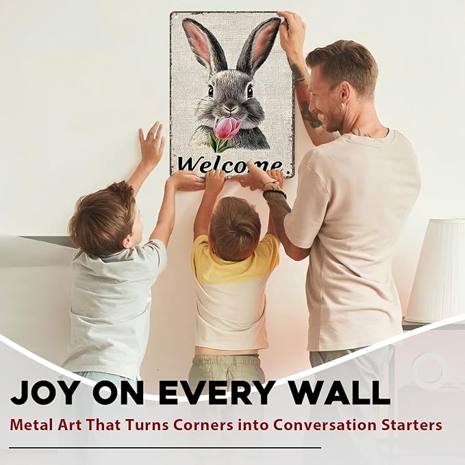 Easter Bunny Tin Sign Retro Tulips - Fun and Metal Sign for Homes Bedrooms Gardens Hallways Parties Spring Decorations 12x16Inch