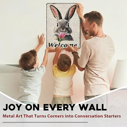 Easter Bunny Tin Sign Retro Tulips - Fun and Metal Sign for Homes Bedrooms Gardens Hallways Parties Spring Decorations 12x16Inch