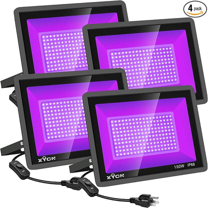4 Pack 150W LED Flood Black Lights,395nm to 405nm UV Outdoor Flood High Power Blacklight Light with Plug in, IP66 Waterproof Large Black Light Spotlight for Glow Party Large Space, Halloween