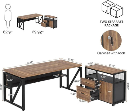 Tribesigns 63" Executive with Drawer Cabinet, L Shaped Desk and Lock lateral File Cabinet, 2 Piece Home Office Furniture Set with Drawers for Hanging File, (Brown, 63 inches)