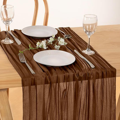 MLMC 3 Pack Brown Table Runner 10ft Boho Rustic Gauze Coffee Cheesecloth Table Runner Neutral Winter Decor 35x120 Inches for Wedding Bridal Shower Reception Party Decor