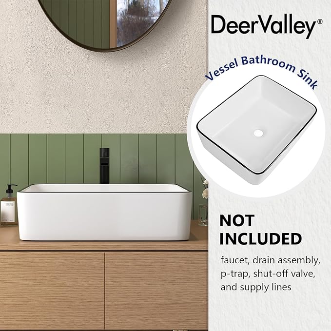 DeerValley 19x15 Inch White and Black Rectangular Vessel Sink, Porcelain Ceramic Above Counter Bathroom Vanity Basin, Modern Art Design, DV-1V0002