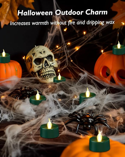 Green LED Candles, 12 Pack Tea Lights Candles Battery Operated, Flameless Tealight Candle, Realistic Tea Lights for Halloween Christmas Party Decor Mardi Gras