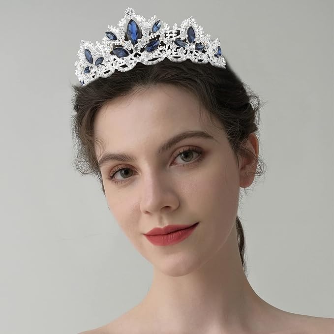 Silver Tiara for Women Sapphire Crown for Girls Wedding Princess Birthday Crystal Rhinestones Headbands for Prom Bridal Party Halloween Costume Christmas Gift