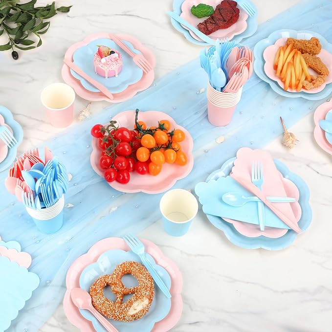 192 Psc Baby Gender Reveal Plates And Napkins Set Party Supplies - For 24 Guests Paper Plates And Napkins Knives Spoons Forks Cups - For Baby Shower Gender Reveal Party