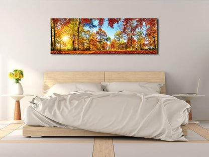 Pyradecor Large Autumn Sunset Forest Canvas Prints Wall Art Golden Nature Landscape Artwork Pictures Paintings for Living Room Bedroom Home Decorations