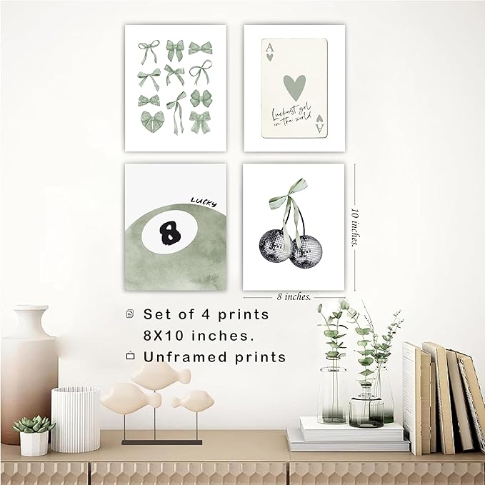 okaxscm Sage Green Coquette Trendy Preppy Wall Art Prints Set of 4, Coquette Preppy Room Decor Aesthetic, Green Bow Disco 8 Ball Cherry Wall Decor Posters for Girls Bedroom Dorm, 8x10 Unframed