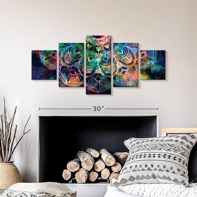 ElephantStock - Celestial Mandala Wall Art - Horizontal Multi Panel Canvas - 5 Piece Living Room Wall Decor - Digital Art Elements Multi Piece Wall Art - Turquoise And Blue Decor - 36" x 15"