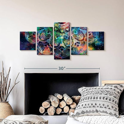 ElephantStock - Celestial Mandala Wall Art - Horizontal Multi Panel Canvas - 5 Piece Living Room Wall Decor - Digital Art Elements Multi Piece Wall Art - Turquoise And Blue Decor - 36" x 15"