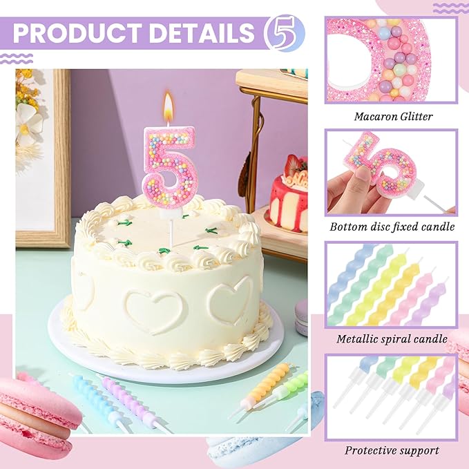 MTLEE Number 5 Birthday Candle with 12 Pcs Spiral Candles for Girls Macaron Pastel Rainbow Unicorn Pink Cake Topper for Sweet Theme Party Decoration