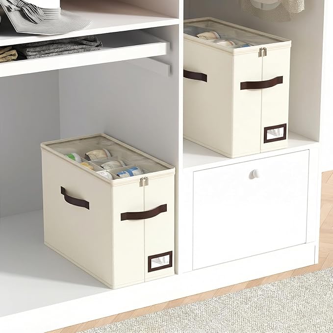 OIAHOMY 2 Pack Shoe Organizer for Closet, Foldable Shoe Storage Bins with Adjustable Dividers, Stackable Oxford Cloth Sneaker Boxes for Entryway Bedroom, Fits Up to 16 Pairs, Beige