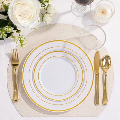 WELLIFE 600 PCS Gold Disposable Dinnerware Set for 100 Guests, Gold and White Plastic Plates for Party, 100 Each-Dinner & Salad Plates, Cups, Forks Knives Spoons for Wedding and Party