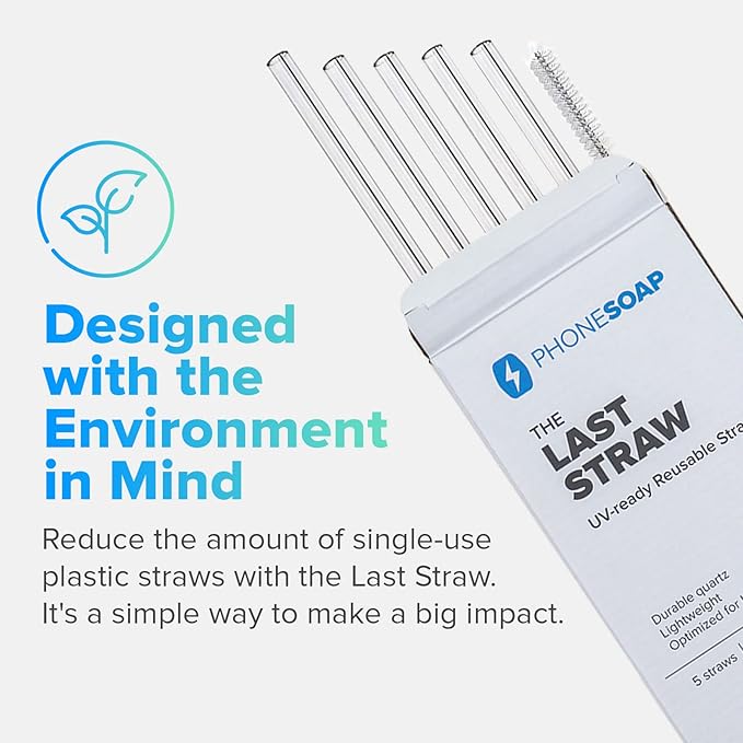 PhoneSoap Last Straw 12" Long Reusable Drinking Straws for Cold & Hot Drinks - Clear Quartz, Dishwasher Safe, Easy to Clean - 5 Pack With Cleaning Brush